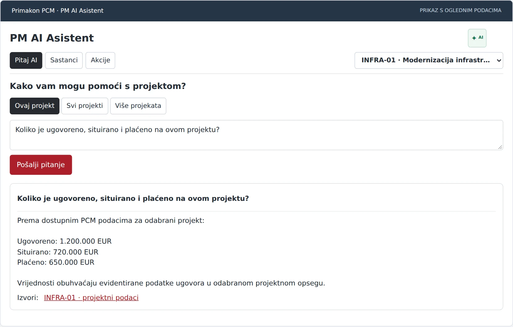 PM AI assistant with a sample financial question, project scope and source references